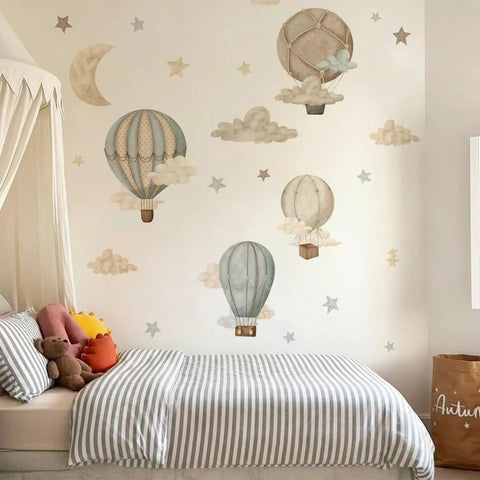 Watercolor Hot Air Balloon Fabric Wall Sticker Peel and Stick Decals With Stars and Clouds for Baby Nursery Kids Bedroom Playroom Decor 120 x 40 cm Eco Friendly Non Toxic Pre Cut Totally Kid Friendly