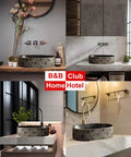 Retro Ceramic Vessel Sink for Bathroom, Oval Above-Counter Wash Vanity Sink with Accessories in various stylish settings.