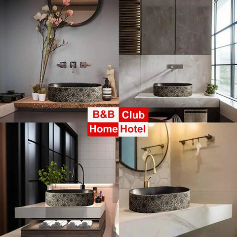 Retro Ceramic Vessel Sink for Bathroom, Oval Above-Counter Wash Vanity Sink with Accessories in various stylish settings.