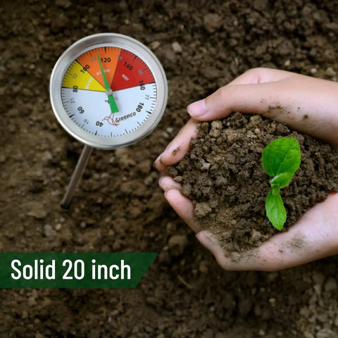 Durable 20 Inch Compost Soil Thermometer With Stainless Steel Stem Dual Celsius And Fahrenheit Dial Clear Color Coded Temperature Ranges Heavy Duty Garden Tool For Accurate In Soil Readings in compost soil