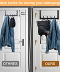 Comparison of over the door hooks, side by side with jackets and bags, showing difference in height capacity for hanging items.