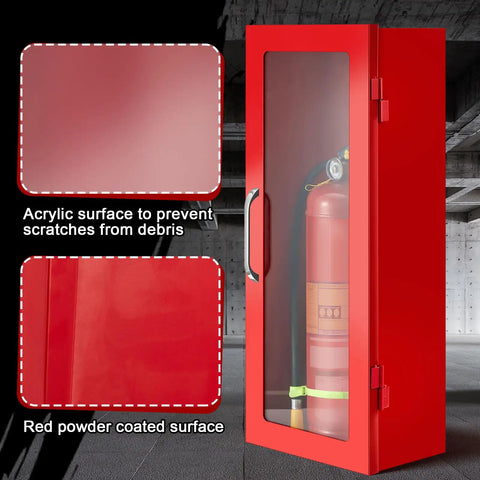 Two Pack Ten Pound Fire Extinguisher Cabinet For Wall Or Surface Mount Red 22 Gauge Steel Built To Last Heavy Duty Holds A Ten Pound Extinguisher With Handle Indoor Outdoor Use Includes Mounting Screws, shown with acrylic window and red finish