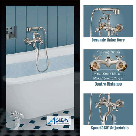 Wall Mount Bathtub Faucet With Brushed Nickel Finish, Double Cross Handles, Tub Filler With Handheld Shower Sprayer, Vintage Telephone Style Basin Mixer Tap With Swivel Spout, No Fuss All Metal Solid Brass Construction