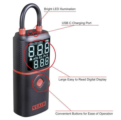 Slick Rechargeable Tire Inflator And Portable Air Compressor Featuring Digital Led Display And Automatic Shutoff, showing LED display and USB C port.