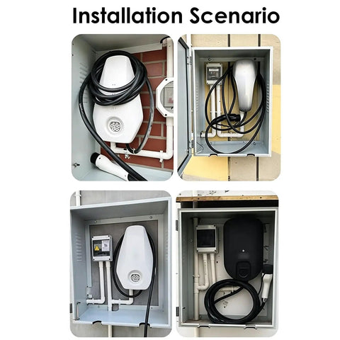 Installation scenario for Heavy Duty Cold Rolled Steel Wall Mount Electric Vehicle Charger Cover with cables organized inside.