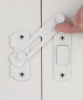 Tough As Nails 2 Pack White Stainless Steel Barn Door Latch With Heavy Duty Bi Fold Door Lock Hardware For Rust Resistant Farmhouse Gate Sliding Doors, detail of latch mechanism on door.