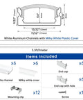 Diagram showing dimensions and included items of the 6 Pack 3.3ft LED Channel Kit White Aluminum U Shape Diffuser With Milky White Cover For LED Strip Lighting Easy Install And Slick Hidden Cable Look In Cabinets Or Ceilings 1M HW U1SW.