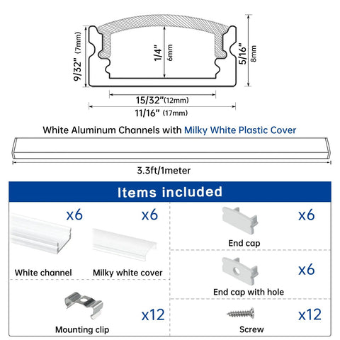 Diagram showing dimensions and included items of the 6 Pack 3.3ft LED Channel Kit White Aluminum U Shape Diffuser With Milky White Cover For LED Strip Lighting Easy Install And Slick Hidden Cable Look In Cabinets Or Ceilings 1M HW U1SW.