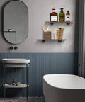 Bathroom with Heavy Duty Black Iron Pipe Shelf Brackets 6 Pack 13 Point 7 Inch Vintage Wall Mount DIY Shelving for storage.