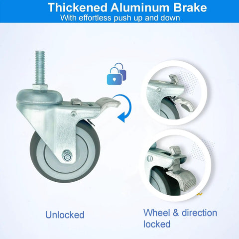 Heavy Duty 4 Inch Swivel Caster Wheels With Aluminum Brake And Standard Threaded Stem, showcasing the locking mechanism.