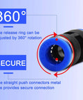 Front view of blue-ring push-to-connect pneumatic fitting with 360-degree rotating release ring
