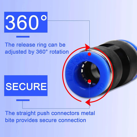 Front view of blue-ring push-to-connect pneumatic fitting with 360-degree rotating release ring