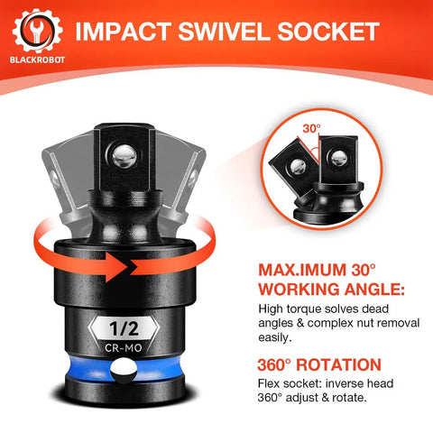 Half Inch Drive Universal Joint Socket Set With Chrome Moly Swivel Socket Adapter for Automotive Repair, highlighting 30° angle rotation.