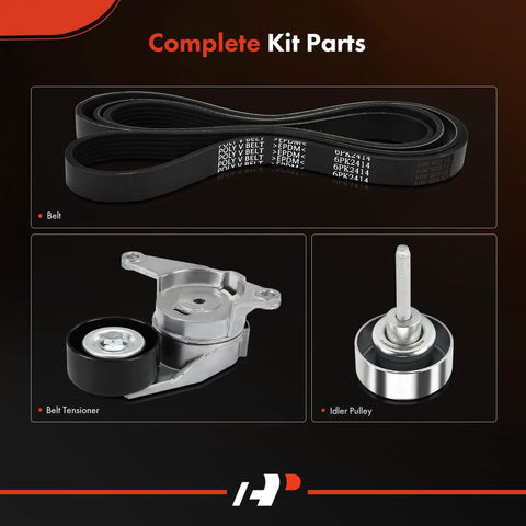 Engine Serpentine Belt Drive Kit For Chevy, GMC, Cadillac And Saab Cars showing belt, tensioner, and idler pulley.