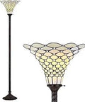 70 Inch Bronze Tiffany Style Torchiere LED Floor Lamp With Cream Stained Glass Bowl Shade, on and illuminated