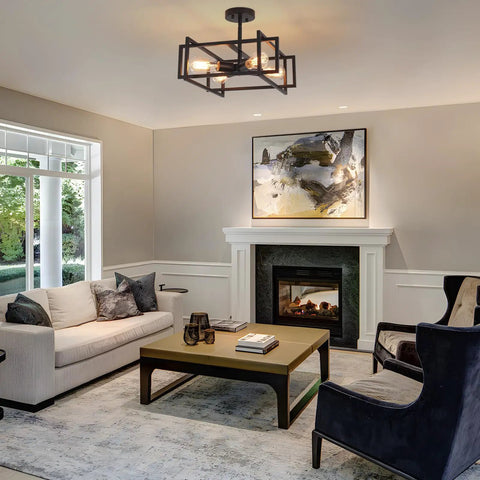 Industrial Black 4 Light Dope Semi Flush Mount Ceiling Light Fixture With E26 Socket in a modern living room setting