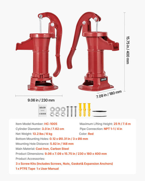 Old School Cast Iron Hand Pitcher Water Pump For Garden And Pond, Antique Manual Well Pump With NPT One And A Quarter Inch Connection, Easy Install, Up To 25 Feet Lift, Classic Backyard Farm Decor That Also Keeps Water Flowing, Red, Dimensions Shown