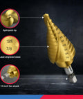 Angled view of NEIKO 10181A 3 pc step drill bit set in gold; laser-engraved sizes, split-point tip, 1/4 in hex shank