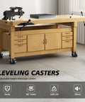 Easy Peasy Height Adjustment Solid As A Rock Heavy Duty Swivel Casters Set Of Four Adjustable Workbench Stem Wheels With Ratchet Handle on a wooden workbench.