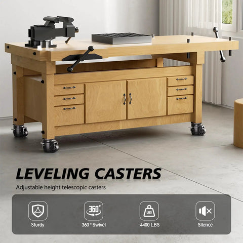 Easy Peasy Height Adjustment Solid As A Rock Heavy Duty Swivel Casters Set Of Four Adjustable Workbench Stem Wheels With Ratchet Handle on a wooden workbench.