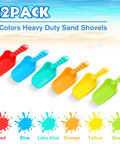 12 Pack Beach Sand Shovels Set, 8 Inch Heavy Duty Plastic Digging Tools In 6 Bright Colors, arranged with color labels