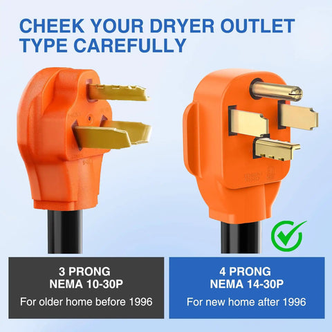 Heavy Duty EV Charge Adapter 30 To 50 Amp 10 Gauge NEMA 14 30P To 14 50R Converter showing 3 prong and 4 prong dryer plugs.