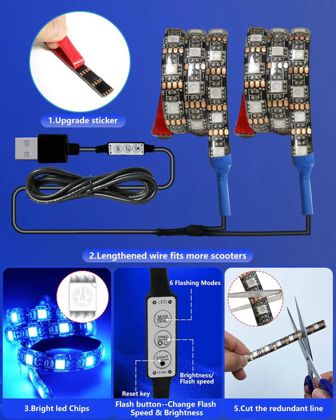 Bright AF 2 In 1 LED Light Strip For Scooters Bikes And Skateboards Night Riding Safety With Blue Flashing Mode 5V Flexible Waterproof Tape For Visible City Commute