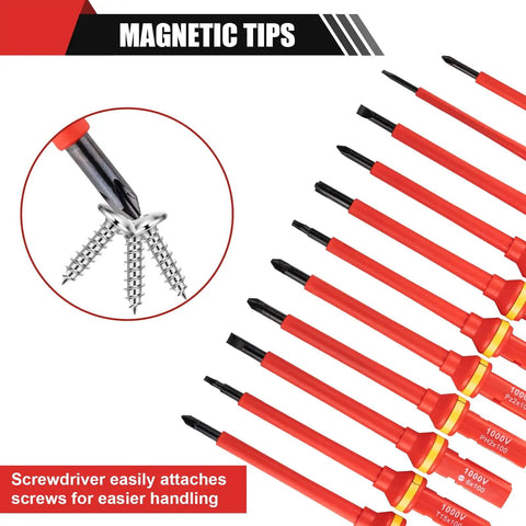 Pro Grade 13 Piece Screwdriver Set With 1000V Insulation And Built In Voltage Test Probe featuring magnetic tips attaching screws easily.