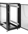 Heavy Duty 22U Network Server Rack Cabinet Ready To Roll With Pre Assembled Vented Doors And Thumb Locks For Serious Computer And Tech Gear Setup Black open view showing interior structure.
