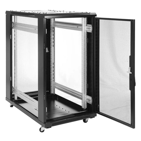 Heavy Duty 22U Network Server Rack Cabinet Ready To Roll With Pre Assembled Vented Doors And Thumb Locks For Serious Computer And Tech Gear Setup Black open view showing interior structure.
