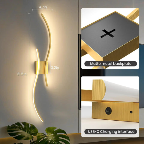 Battery Operated Wall Sconces Set Of Two Cordless LED Lights With Remote, gold finish, matte backplate, USB-C charging, 31.5 inch