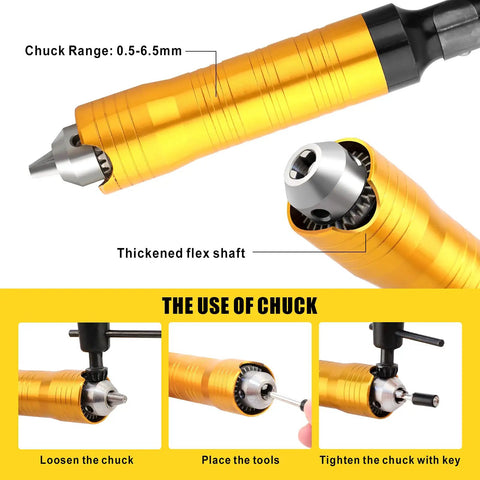 Powerful 780W Flex Shaft Rotary Tool With Foot Pedal Control highlighting chuck range and use instructions
