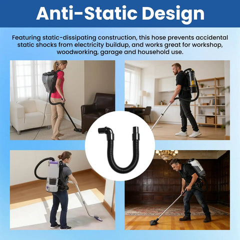 Static Dissipating Backpack Vacuum Hose With One And A Half Inch Cuffs, Sixteen Inch Length, Includes 90 Degree Elbow, Compatible