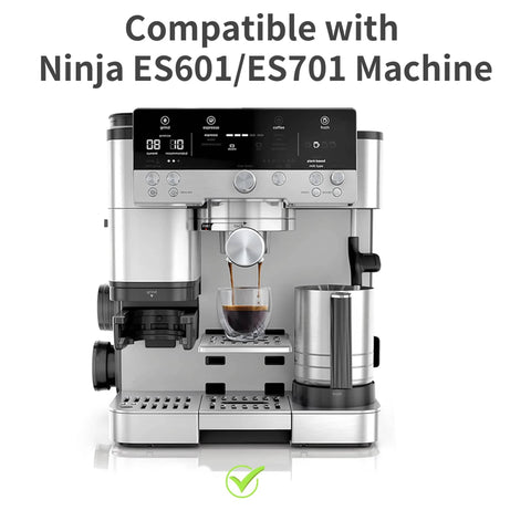 Front view of a stainless steel Ninja espresso machine with portafilter, cup under the brew spout, and milk frother.