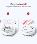 Top Shelf Smoke Detectors 12 Pack with Replaceable Batteries and 85dB Sirens Lock Down Safety showing installation steps with included magnets.