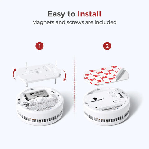 Top Shelf Smoke Detectors 12 Pack with Replaceable Batteries and 85dB Sirens Lock Down Safety showing installation steps with included magnets.