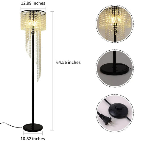 Dope Black Crystal Floor Lamp With Three Lights, Tall Pole Modern Minimalist Style For Living Room Bedroom Office, dimensions shown