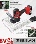 Close-up of cordless hedge trimmer from All-In-One 12 Tool Cordless Power Tool Kit With 2 Batteries And Charger, showing blades.