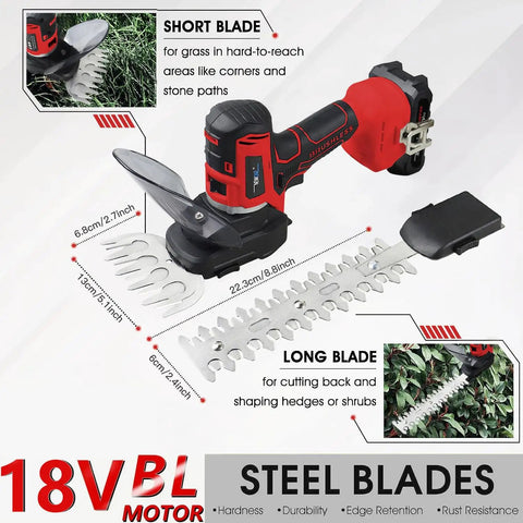 Close-up of cordless hedge trimmer from All-In-One 12 Tool Cordless Power Tool Kit With 2 Batteries And Charger, showing blades.