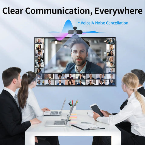 Hassle Free 4K Webcam For PC With Smart Optical Tracking And Dual Noise Cutting Mics capturing a video call with multiple participants on screen.