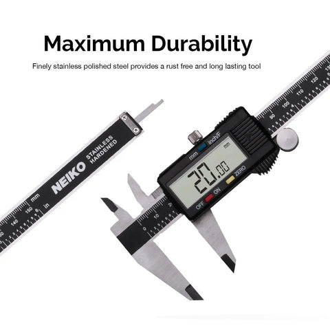 Close-up of 8-Inch Digital Caliper With Extra Large Display, Stainless Steel Measuring Tool, showing 20.0 mm reading on LCD.