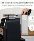 Grind And Brew 10-Cup Coffee Maker With Built-In Burr Grinder showing removable water tank and touchscreen interface.