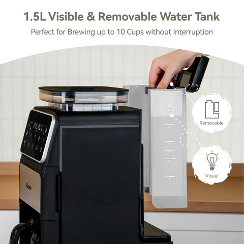 Grind And Brew 10-Cup Coffee Maker With Built-In Burr Grinder showing removable water tank and touchscreen interface.