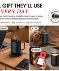 Smart Self Heating Coffee Mug With 14 Oz Size And Intelligent AI Heat Control To Keep Your Morning Brew Piping Hot All Day Long Without Any Manual Hassle For A Total Daily Flex on desk with coffee, tea, and cocoa.