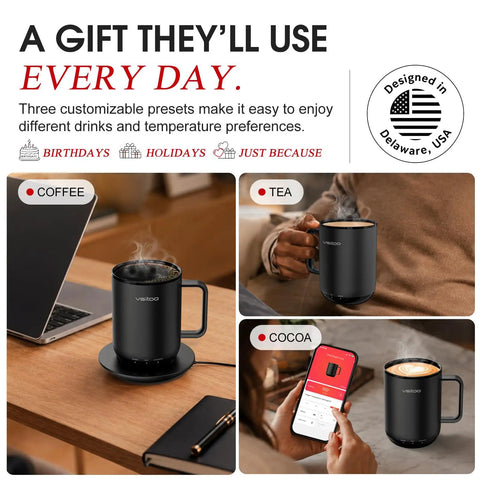 Smart Self Heating Coffee Mug With 14 Oz Size And Intelligent AI Heat Control To Keep Your Morning Brew Piping Hot All Day Long Without Any Manual Hassle For A Total Daily Flex on desk with coffee, tea, and cocoa.