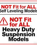Warning sign indicating rear strut shocks not fit for self leveling or heavy duty suspension models.