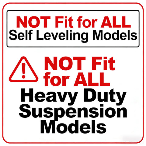 Warning sign indicating rear strut shocks not fit for self leveling or heavy duty suspension models.