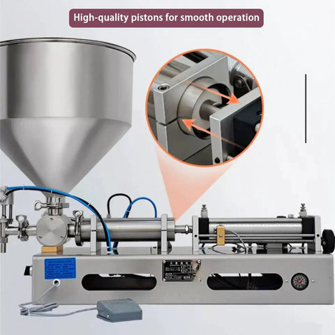 Built Like A Tank Horizontal Pneumatic Liquid Paste Filling Machine showing high-quality pistons for smooth operation.