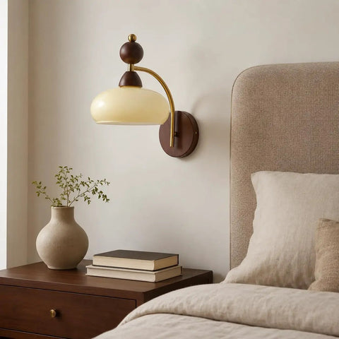 2 Pack Rechargeable Vintage Wooden Wall Sconces RGB Battery Operated Lights with warm glow on bedside wall.