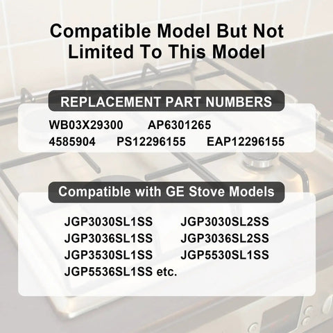 5 Pack Beefed Up Gas Stove Knobs Replacement For JGP3030SL1SS JGP3030SL2SS Cooktop Knobs Two By One Point Eight Inch Size With AP6301265 4585904 PS12296155 EAP12296155 Fits Range compatibility chart on white background